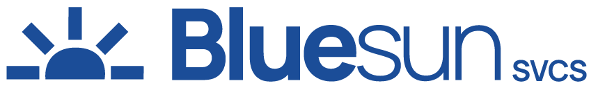BlueSun Svcs logo featuring a stylized blue rising sun icon on the left, next to the word "Bluesun" in blue text with "svcs" in a smaller subscript.