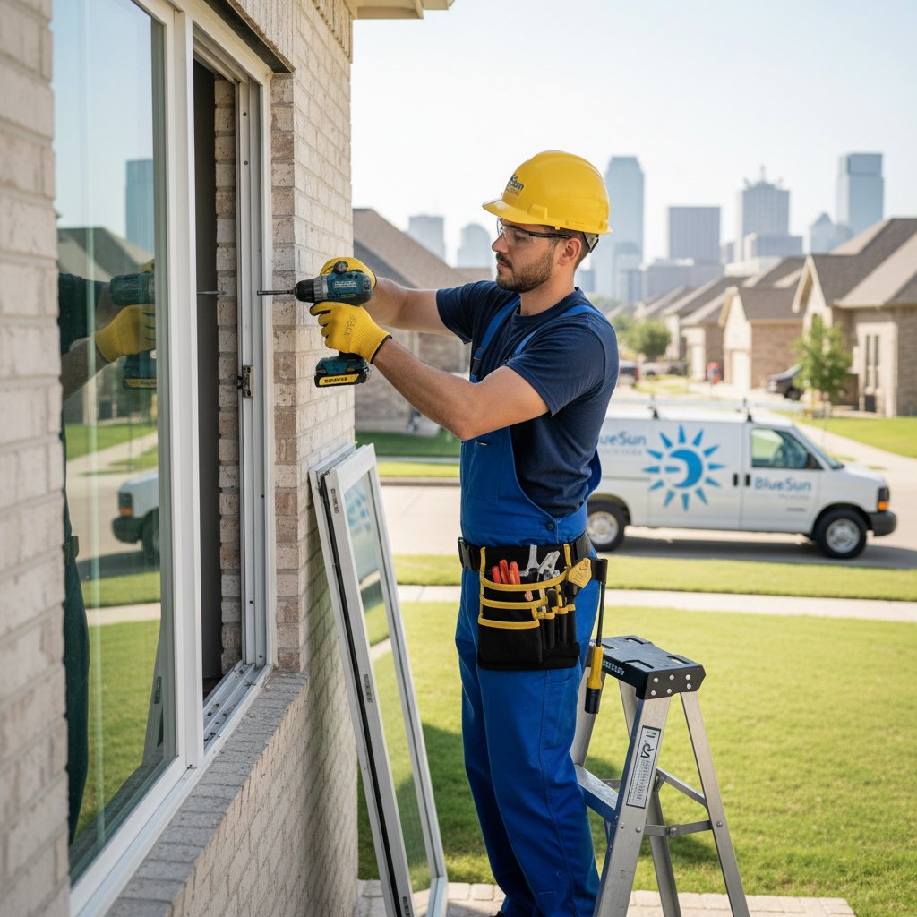 A realistic outdoor photo shows a BlueSun Services technician, a man in blue overalls, yellow hard hat, safety glasses, and tool belt, actively installing a new white-framed window into a light-colored brick house. He is using a power drill. Another new window frame rests against the house. In the background, a white BlueSun branded service van is parked on the street, with a distant city skyline (Dallas) and suburban homes under a clear sky.